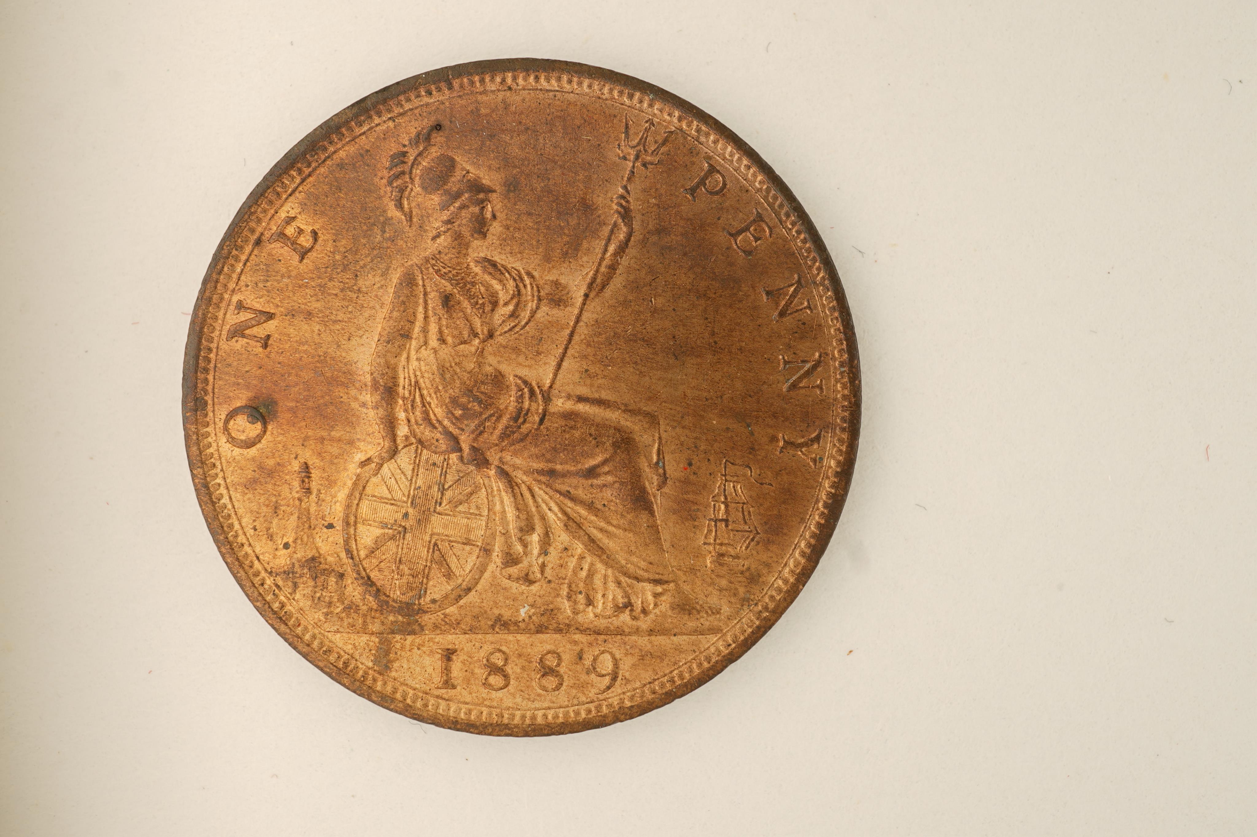 British coins, Victoria, three bronze pennies;, 1888, Fr. 126, Gouby dies R/r, about UNC, toning and lustre, 1889, Fr. 127, Gouby dies R/r, good EF, patches of toning and lustre, 1890, Fr. 130, Gouby dies R/r, proof-like
